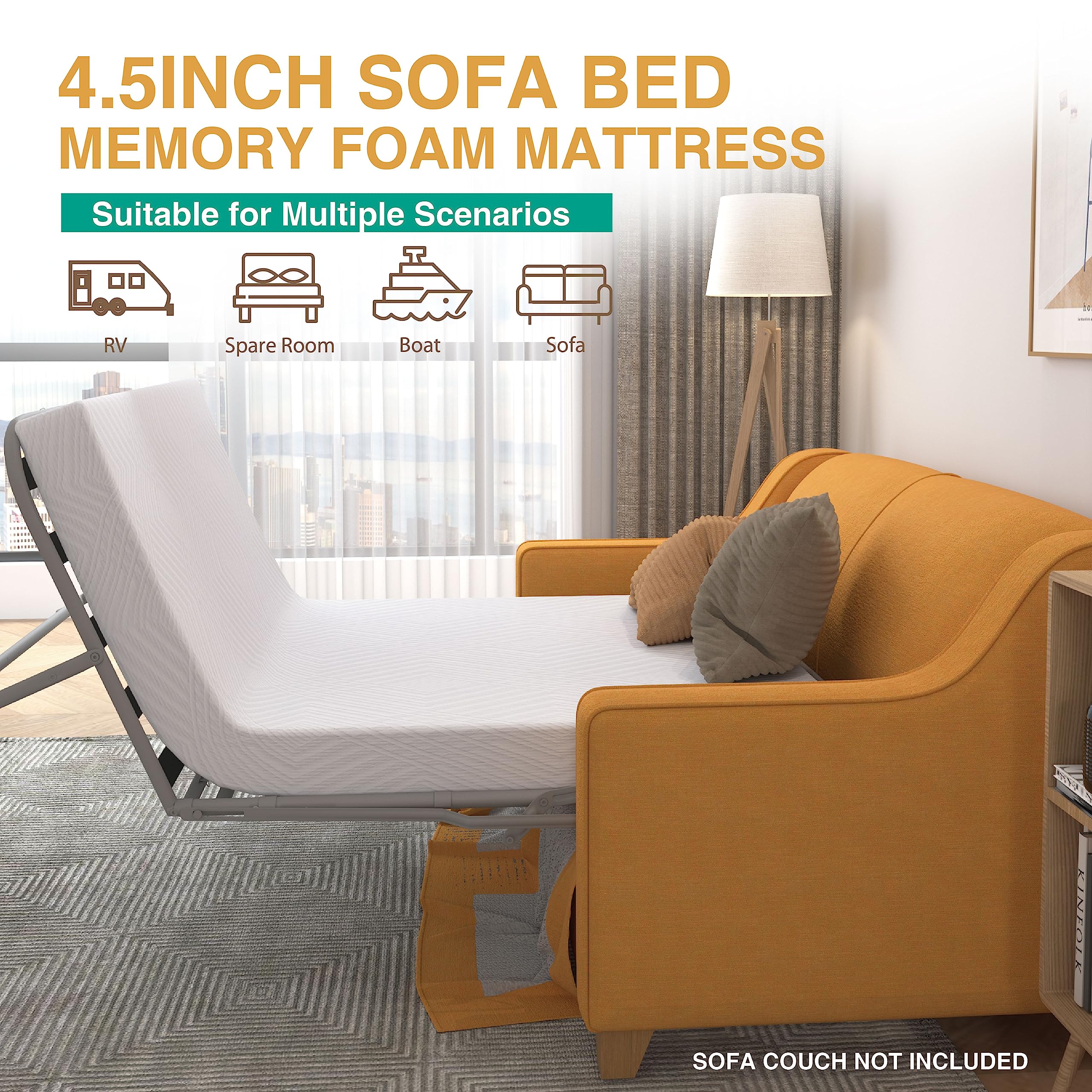 Dyonery 4.5 Inch Memory Foam Sofa Bed Mattress Replacement With Fiberglass-Free And Washable Cover For Sleeper Sofa And Couch Be